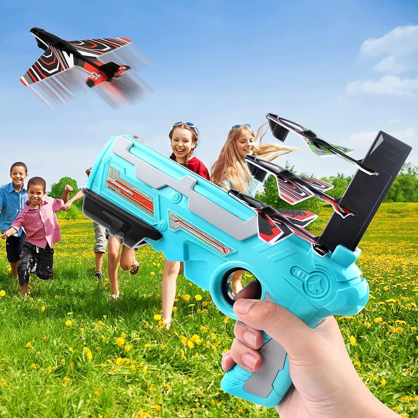 Airplane Launcher Gun Toy With Foam Glider Planes ( 5 Planes Included )